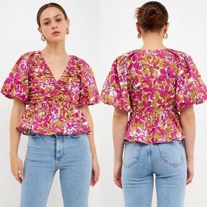 Endless Rose Floral Pleated Puff Sleeve Top